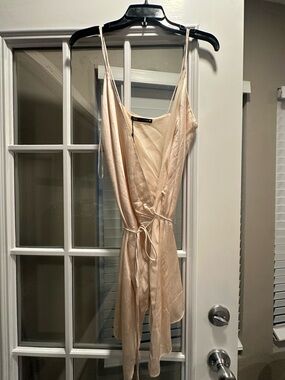 Zara Satin Mini Wrap Dress in Light Beige